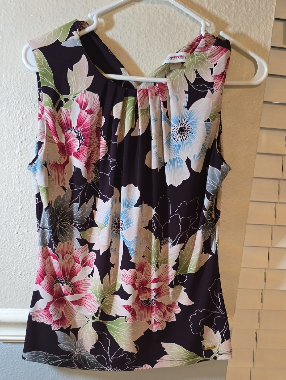 Calvin Klein Black Floral Sleeveless Camisole with Pink & Blue Blooms